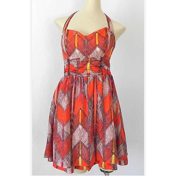 GUESS Orange Geometric Halter Pockets Dress 8 - Picture 1 of 7
